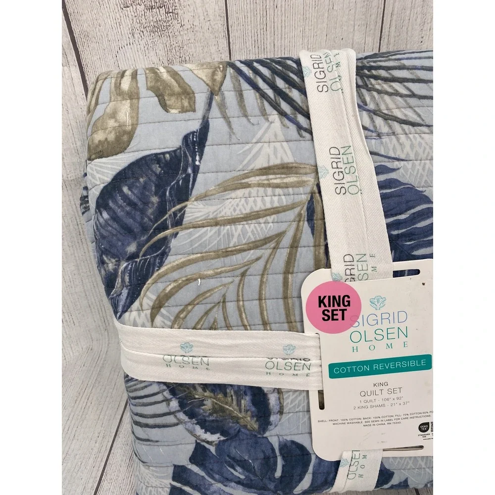 Sigrid Olsen Home Quilt Set King Blue Tropical Leaf Reversible Cotton Botanical - Picture 6 of 11